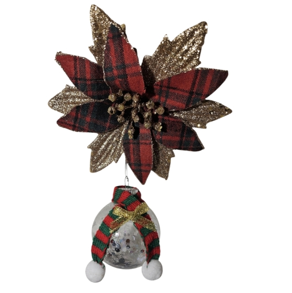 Plaid Gold Poinsettia Ornament Iridescent Glitter Ball